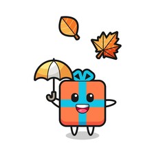 cartoon of the cute gift box holding an umbrella in autumn