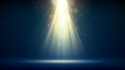 Golden spotlight dark blue background, stage. Backdrop for displaying products. Bright golden beams of a spotlight, bokeh, shimmering glittering particles, a spot of light. Vector illustration