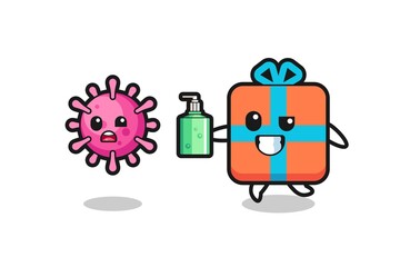 illustration of gift box character chasing evil virus with hand sanitizer