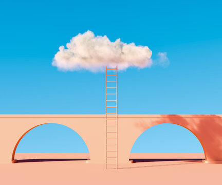 Stair With White Cloud in the blue sky, Modern minimal abstract background