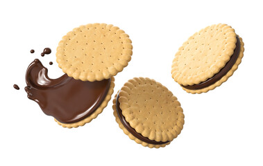 Sandwich cookies with chocolate fill, 3d illustration for biscuit package design.