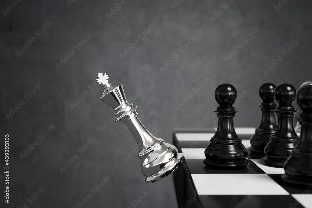 Wall mural white king defeats black pawn at chess, chess board game concept of business strategy idea