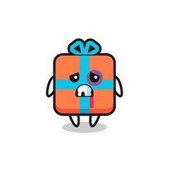 injured gift box character with a bruised face