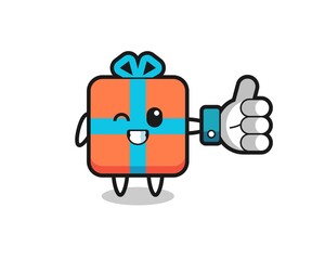 Obraz premium cute gift box with social media thumbs up symbol