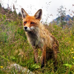 Red fox in latin Vulpes vulpes in the grass