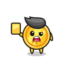 cartoon medal character as a football referee giving a yellow card