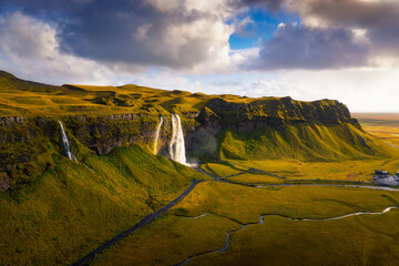 Aerial view of Seljalandsfoss Waterfall in Iceland at sunset