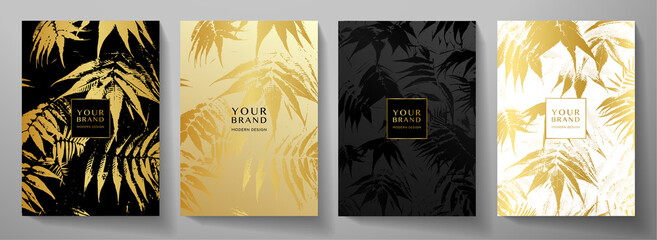 Tropical cover design set with golden leaf (tree branch) print on background. Holiday black and gold exotic pattern for vector wedding card, luxury menu template, summer holiday poster