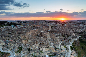 Fototapeta na wymiar Aerial view of Matera at sunset, the city of stones, in Basilicata. a landscape very beautiful