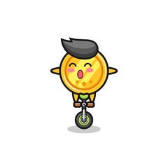 The cute medal character is riding a circus bike