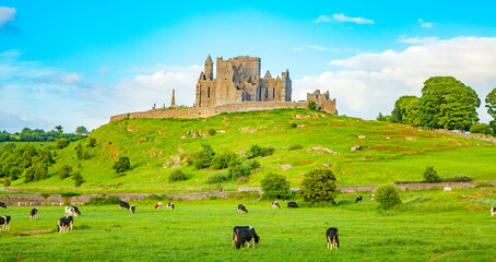 Idyllic Irish landscape, Rock of Cashel castle on background