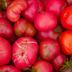 Red and yellow ripe tomatoes on a bush in the garden