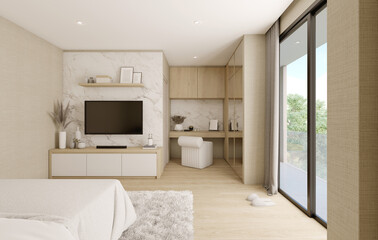 Modern bedroom with wardrobe,rug,TV on mable wall and wooden table.Light wood furniture and floor.3d rendering
