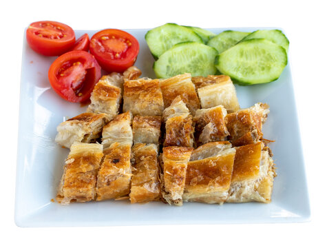 Meat pie isolated on a white background. Local name kıymalı kol b&ouml;reği