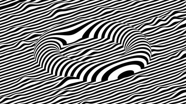 Black and white stripes waving surface with moving torus on top of it. Modern isometric background loop animation. 3D rendering.