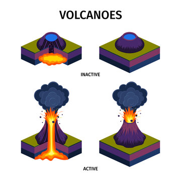 Active And Sleeping Volcanoes Isometric Set