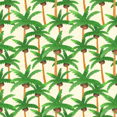 Beautiful seamless tropical pattern. Bright green Background with watercolor painted palm trees. Resort, beach, island, relax. Colorful summer background for textiles, packing, fabric.