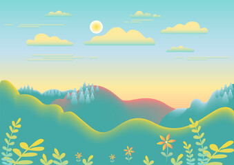 Fototapeta na wymiar Hills, mountains landscape in flat style design. Beautiful field, meadow, sky, cloud and sun. Rural location with valley forest, trees.Blue yellow gradient color.Cartoon background vector illustration