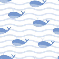 Blue Whales and waves seamless pattern