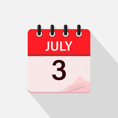July 3, Calendar icon with shadow. Day, month. Flat vector illustration.