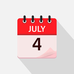 July 4, Calendar icon with shadow. Day, month. Flat vector illustration.