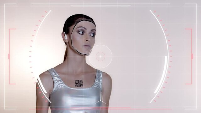 Beautiful female humanoid looking at target tube
