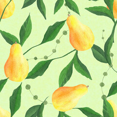 Watercolor seamless pattern. Botanical background with pears, leaves, branches and herbs. Design elements. Perfect for textile, packing, fabric, invitations, cards.