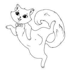 Cute kitten with a bow. Simple drawing coloring book with a cat for Halloween. Vector illustration isolated on white background.