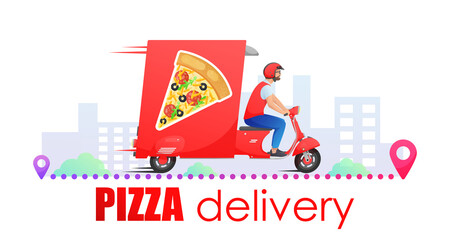 Red fast delivery retro car, truck with pizza on the way, and pin city on white background. Vector illustration for design, flyer, poster, banner, web, advertising.