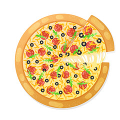 Pizza and slice with melted cheese, pepperoni, olives, greens, arugula  isolated on white. Vector illustration for postcard greeting card, banner, advertising, menu, articles.