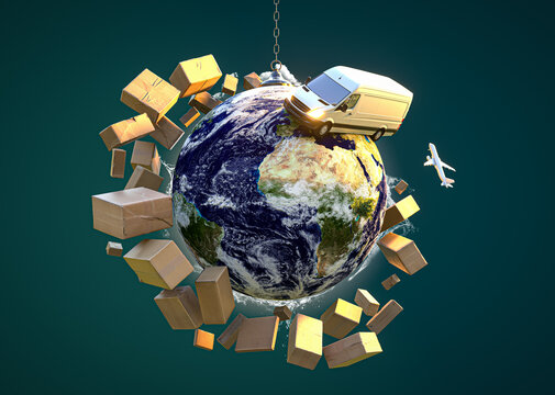 Paketdienst - Pakete fliegen um Erde mit Lieferauto