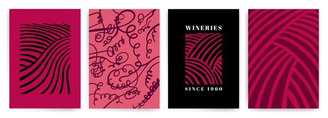Design with illustration of tendrils and idea rows of vineyard. Vector for covers, invitations, flyers, banners, posters, wine events. - obrazy, fototapety, plakaty