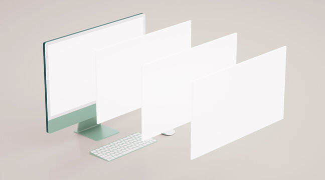 Isometric view of colored desk computer mockup with blank screen some floating screens in 3D rendering. Web and app design presentation