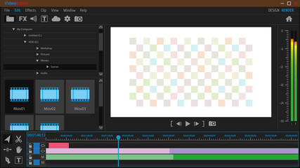 Video editor. Program interface. Overlay. Simulate the transparency of the viewport. Template. Mock up. Vector illustration.