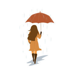 elegant woman walking with umbrella under the rain and falling leaves in the autumn park street, back view isolated vector illustration scene