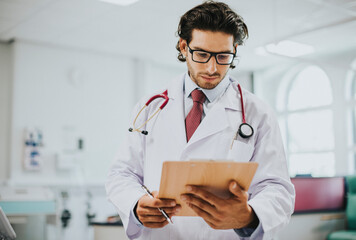 Male physician reading a medical report