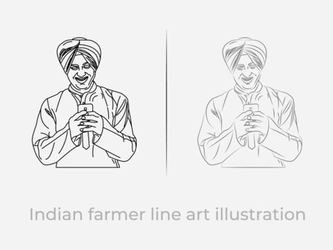 Indian farmer with mobile line art illustration vector symbol