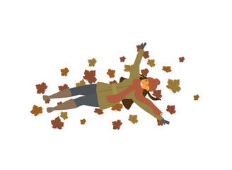 cute girl lying down on dry autumn fall leaves in the park vector illustration scene