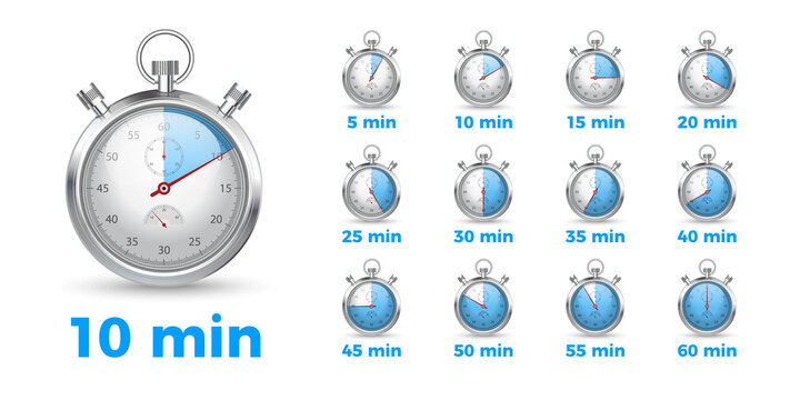 Stopwatch graphics set. Countdown timer with a different duration from 5 to 60 minutes. Cooking timer symbol, sports timer or treatment duration.