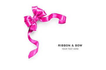 Pink ribbon bow on white background.