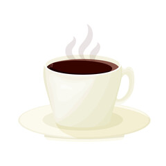 White mug of coffee. Morning drink. Black coffee. Icon in cartoon style. Isolated object.