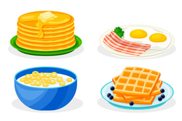 Set Breakfast. Flakes with milk. Waffles. Scrambled eggs. Pancakes. Icon in cartoon style. Isolated object.