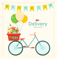 Bicycle, delivery. Vector banner for the summer sale. A bright flat illustration of the discount season. Ad template. Hot Summer Sale Typography
