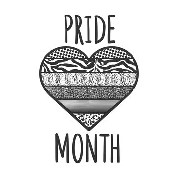 Pride month logo with black and white heart abstact flag. Pride symbol with heart, LGBT, sexual minorities, gays and lesbians vector illustration. T-shirt apparel print design. Black and white mage.