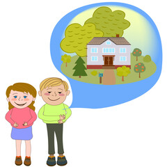 A married couple dreams of a two-story cottage. A man and a woman dream of moving into their own home. Vector illustration isolated on white background. - 439300981