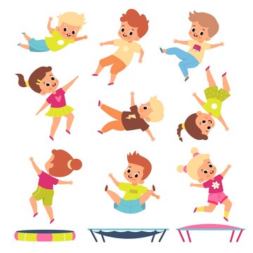 Children jumping on trampolines. Cartoon boys and girls in different flying poses. Kids bounce and play. Childish fitness. Young people doing gymnastics exercises. Vector active games