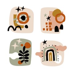 Fototapeta premium Modern collages set. Various doodle shapes abstract objects, natural colors botanical elements, trendy geometric forms leaves, flowers and rainbow. Contemporary vector scribbles primitive style