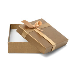 square brown cardboard box with removable lid and silk bow isolated on white background