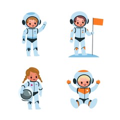 Kids astronauts. Cartoon boys and girls in spacesuits. Children explore space. Cute characters with greeting gestures. Happy young people holding flag and helmet. Vector cosmonauts set