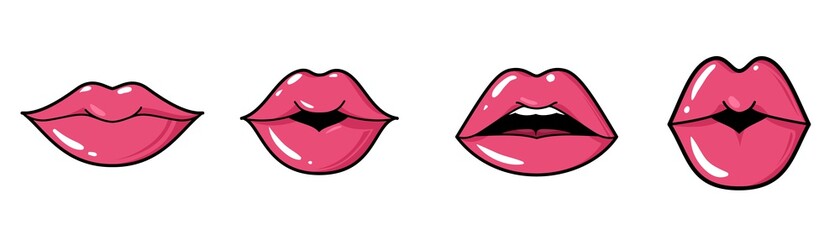 Playful lips. Cartoon female mouth. Face parts expressions. Pink makeup. Sensual kiss. Isolated woman smiles set. Beauty lipstick. Cosmetics logo template. Vector glamour stickers